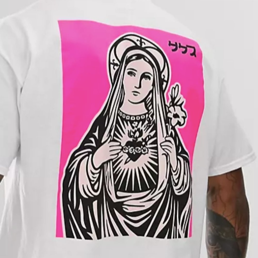 ASOS HNR LDN Oversized  Neon Virgin Mary Motif White T-Shirt